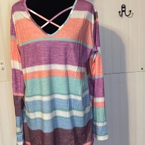 NWOT Pastel Striped V-Neck Long Sleeve Top with Crisscross Front size xl